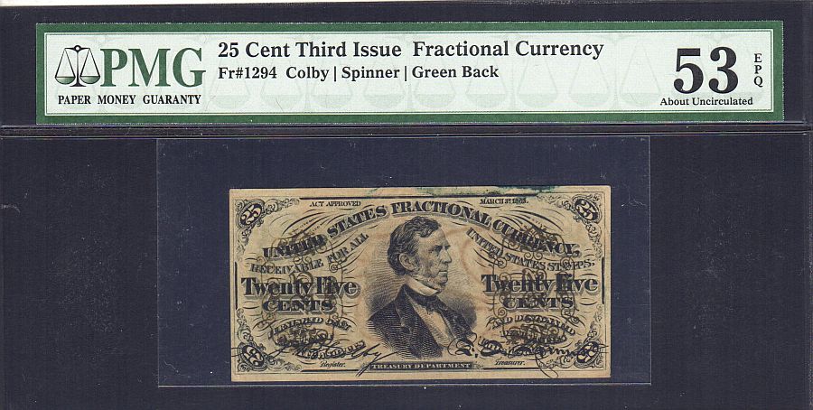 Fr.1294 Third Issue 25 Cent, Green Back, AU, PMG-53 EPQ